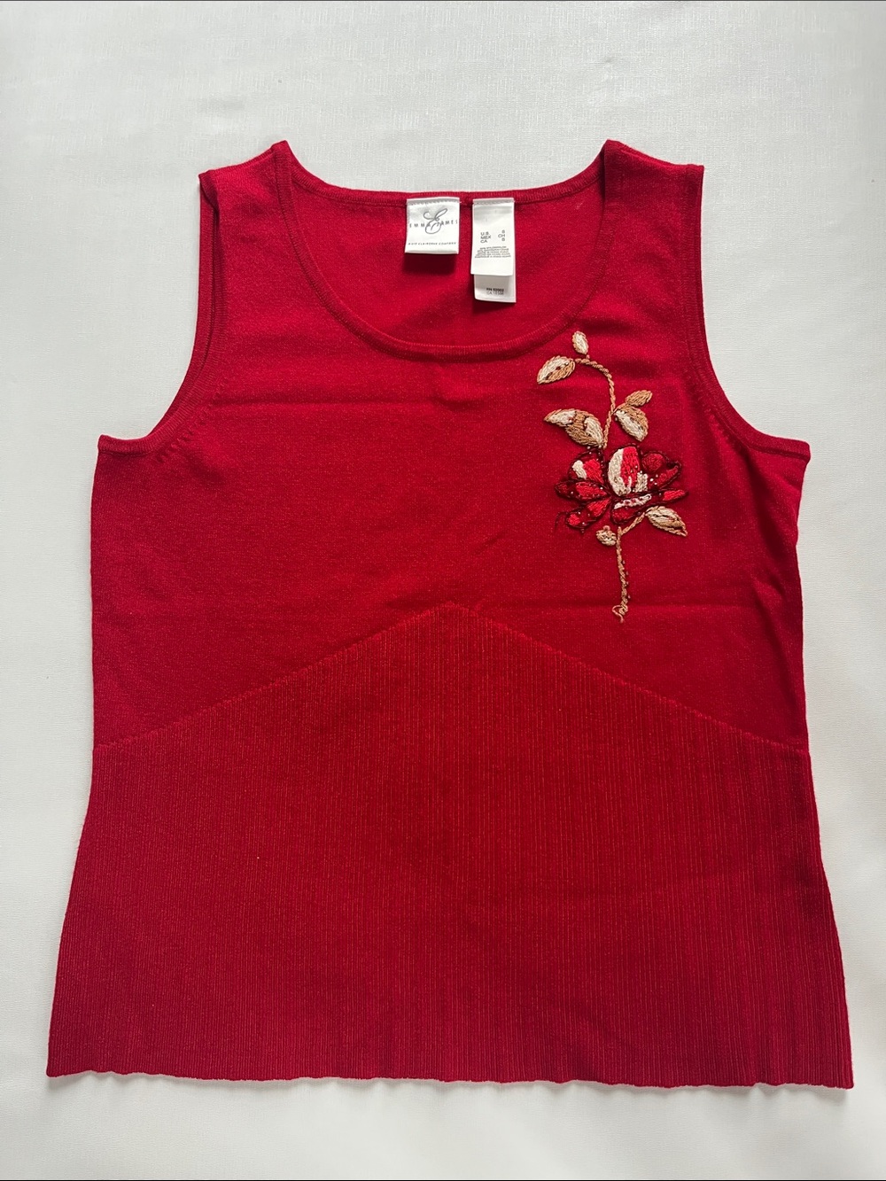 Emma James Red Sleeveless Knit Tank with Floral Embroidery